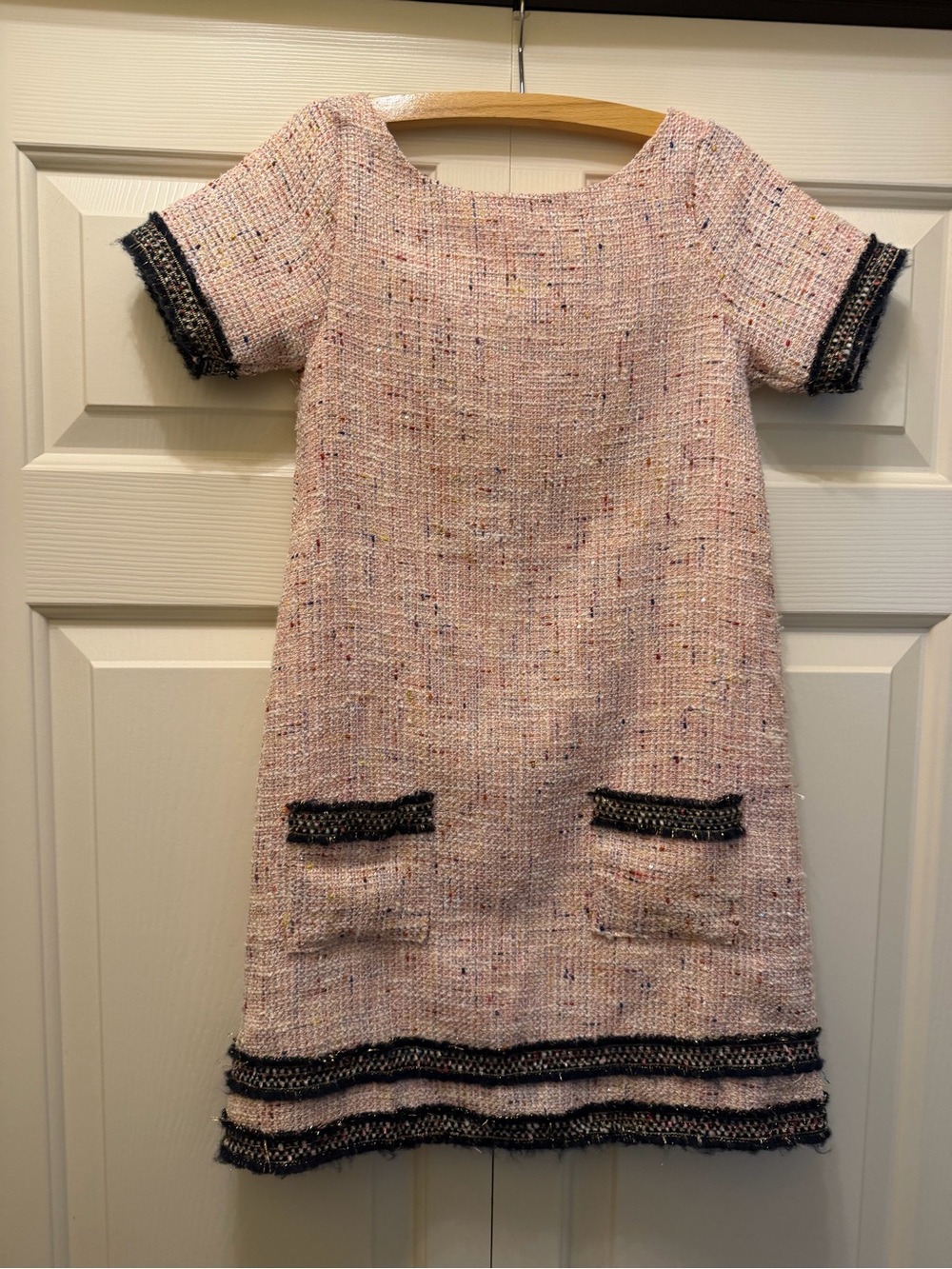 Girls Pink Tweed A-Line Dress with Black Contrast Trim